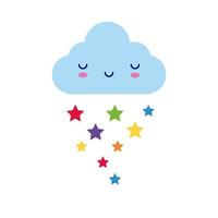 nuvola con stelle arcobaleno, stile piatto kawaii personaggio comico vettore