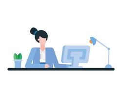 donna alla scrivania con computer nel disegno vettoriale ufficio