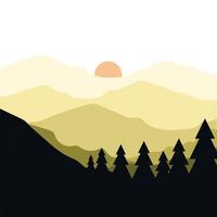 alberi di pino e sole sul disegno vettoriale paesaggio di montagna