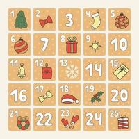 Avvento calendario, conto alla rovescia numeri prima Natale vacanza. inverno vacanza, dicembre date festivo eventi. mano disegnato scarabocchio stile. vettore illustrazione