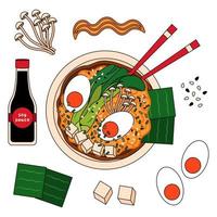 giapponese la minestra ramen ricetta con ingredienti - tagliatelle, verdi, uova, tofu, nemmeno io fogli, funghi e soia salsa. vettore