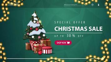 offerta speciale, saldi natalizi, fino a 30 di sconto, banner sconto verde per sito web con struttura poligonale, ghirlanda, bottone rosa e albero di natale in una pentola con regali vettore