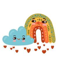 carino san valentino giorno amore coppia nube e arcobaleno. carino cartone animato kawaii sorridente bambino personaggio vettore