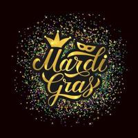 mardi gras brillante oro lettering su luminosa colorato luccichio coriandoli sfondo. tradizionale carnevale nuovo orleans. Grasso o Shrove martedì manifesto. vettore modello per striscione, volantino, festa invito.