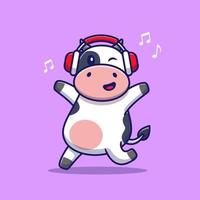 carino mucca ascoltando musica con cuffie cartone animato vettore icona illustrazione. animale tecnologia icona concetto isolato premio vettore. piatto cartone animato stile