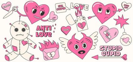 di moda y2k anti san valentino giorno adesivi impostare. anni 2000 anti amore concezione. cartone animato personaggi. di moda neon rosa vettore