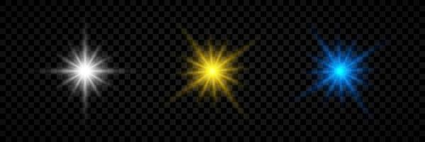 leggero effetto di lente razzi. impostato di tre bianca, giallo e blu raggiante luci starburst effetti con brilla. vettore illustrazione