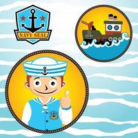 giovane ragazzo nel marinaio uniforme con cannoniera e Marina Militare foca logo, vettore cartone animato illustrazione