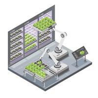 verticale inteligente agricoltura pianta fabbrica verticale verdura interno agricoltura concetto uso ai automatico robot e IoT tecnologia isometrico isolato illustrazione cartone animato vettore