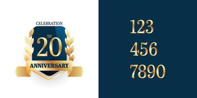 impostato 20 anni anniversario oro emblema distintivo logo label illustrazione modello design vettore