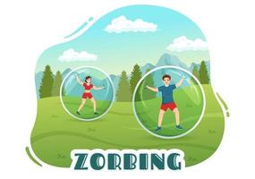 zorbing illustrazione con persone giocando bolla urto su verde campo o piscina per ragnatela bandiera o atterraggio pagina nel piatto cartone animato mano disegnato modelli vettore