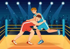 lotta illustrazione con Due combattenti boxe concorrenza o campionato sport su un' arena nel piatto cartone animato mano disegnato per atterraggio pagina modelli vettore