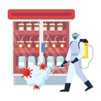 uomo con tuta protettiva che spruzza frigo negozio con disegno vettoriale virus covid 19