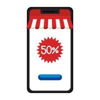 smartphone con tenda e cinquanta per cento di sconto sigillo timbro disegno vettoriale