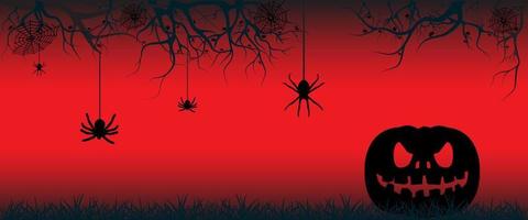 Halloween concetto sfondo con un' zucca, albero, erba e ragni. vettore