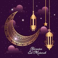 ramadan eid mubarak con decorazione pendente luna e lanterne dorate vettore