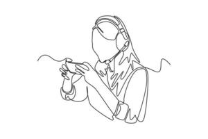 singolo uno linea disegno contento giovane ragazza indossare cuffia giocando in linea video gioco su il suo smartphone. e-sport gioco concetto. continuo linea disegnare design grafico vettore illustrazione.