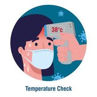 covid 19 coronavirus, mano che tiene termometro a infrarossi per misurare la temperatura corporea, controllo donna con alta temperatura vettore