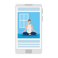 online, concetto di yoga, l'uomo pratica yoga e meditazione, guardando una trasmissione su uno smartphone vettore