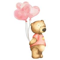 carino poco orso ragazzo con rosso cuore aria palloncini. acquerello illustrazione isolato su bianca sfondo. può essere Usato per ragazzo manifesti, carte o bambino doccia vettore