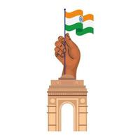 cancello dell'India, famoso monumento e mano con la bandiera dell'india vettore