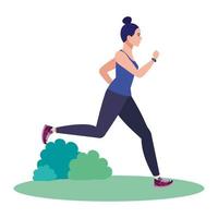 donna che corre sull'erba, donna in abiti sportivi da jogging, atleta femminile su sfondo bianco