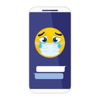 smartphone con emoji che piange indossando maschera medica su sfondo bianco vettore