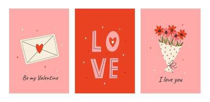impostato di carino saluto carte per San Valentino giorno. vettore illustrazioni con festivo decorativo elementi, cuore, Busta, mazzo di fiori e scritta. rosa e rosso cartoline.