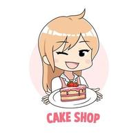carino donna cucinando torta forno logo, capocuoco ragazza cartone animato illustrazione vettore