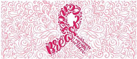 il nastro rosa stilizzato della bandiera con il canser del seno di citazione di vettore per ottobre è l'illustrazione dell'iscrizione di calligrafia del mese di consapevolezza del cancro su fondo rosa fiorito