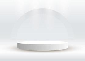 astratto brillare argento cilindro piedistallo podio. un' bianca vuoto palcoscenico concetto con semi cerchio raggiante neon illuminazione. vettore interpretazione 3d forma, Prodotto Schermo presentazione