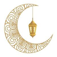 lanterna di ramadan kareem appesa con la falce di luna dorata su sfondo bianco