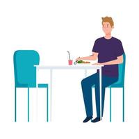 uomo seduto in poltrona, con il cibo in tavola, su sfondo bianco vettore