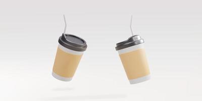 3d Due carta caffè tazze con un' cannuccia su un' bianca sfondo. vettore illustrazione.