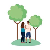 donna e uomo avatar all'indietro al parco con disegno vettoriale alberi