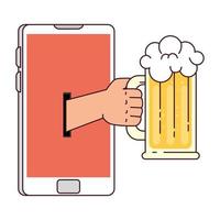 comunicazione a distanza, mano che tiene boccale di birra attraverso lo schermo dello smartphone vettore