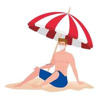 uomo in pantaloncini con mascherina medica, turismo con coronavirus, prevenzione covid 19 durante le vacanze estive vettore