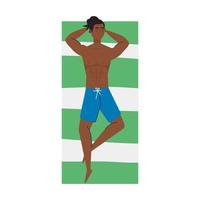 vista aerea, uomo afro in pantaloncini sdraiati, abbronzatura su un asciugamano, stagione delle vacanze estive vettore