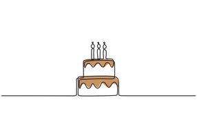 disegno a tratteggio continuo della torta di compleanno con candela. vettore