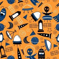 simpatiche astronavi aliene ufo, pianeti, galassie seamless pattern decorativo disegno scandinavo artistico disegnato a mano per neonati e bambini moda stampa tessile, carta da parati e sfondo illustrazione vettoriale