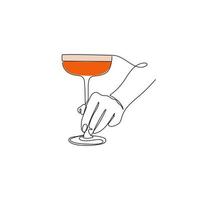 mano Tenere un' bicchiere con cocktail. uno continuo linea. mano disegnato vettore illustrazione.