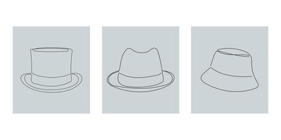 cappelli Vintage ▾ collezione per elegante uomo nel uno continuo linea stile. superiore cappello, Panama e secchio cappello. mano disegnato vettore illustrazione.