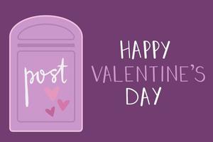 st. San Valentino giorno saluto carta. viola cassetta postale con cuore per amore lettere. vettore