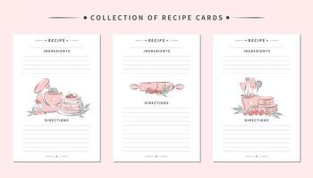 collezione di ricetta carta modelli. pulito pagine di il ricettario siamo decorato impastatrice, cucina utensili e dolce. vettore illustrazione.