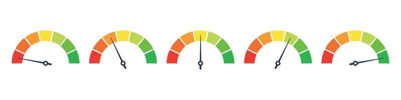 livello indicatore icona. tachimetro scala, comporre misura. alto e Basso rischio sbarra. vettore illustrazione