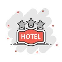 Hotel 3 stelle cartello icona nel comico stile. Locanda cartone animato vettore illustrazione su bianca isolato sfondo. ostello camera informazione spruzzo effetto attività commerciale concetto.