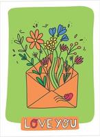 lettera con fiori su un' verde sfondo. luminosa cartolina per San Valentino giorno. mazzo di selvaggio fiori. romantico posta. vettore illustrazione nel un' piatto stile.