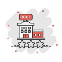 Hotel 3 stelle cartello icona nel comico stile. Locanda edificio cartone animato vettore illustrazione su bianca isolato sfondo. ostello camera spruzzo effetto attività commerciale concetto.