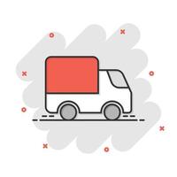 consegna camion icona nel comico stile. furgone cartone animato vettore illustrazione su bianca isolato sfondo. carico auto spruzzo effetto attività commerciale concetto.