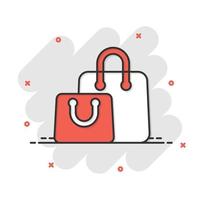 shopping Borsa icona nel comico stile. borsetta cartone animato cartello vettore illustrazione su bianca isolato sfondo. pacchetto spruzzo effetto attività commerciale concetto.